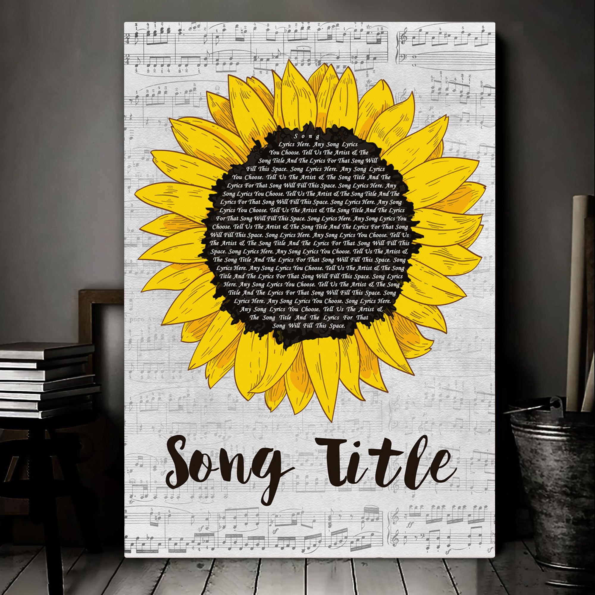 Personalized Sunflower Music Wall Art With Song Lyrics, Music Wall Decor