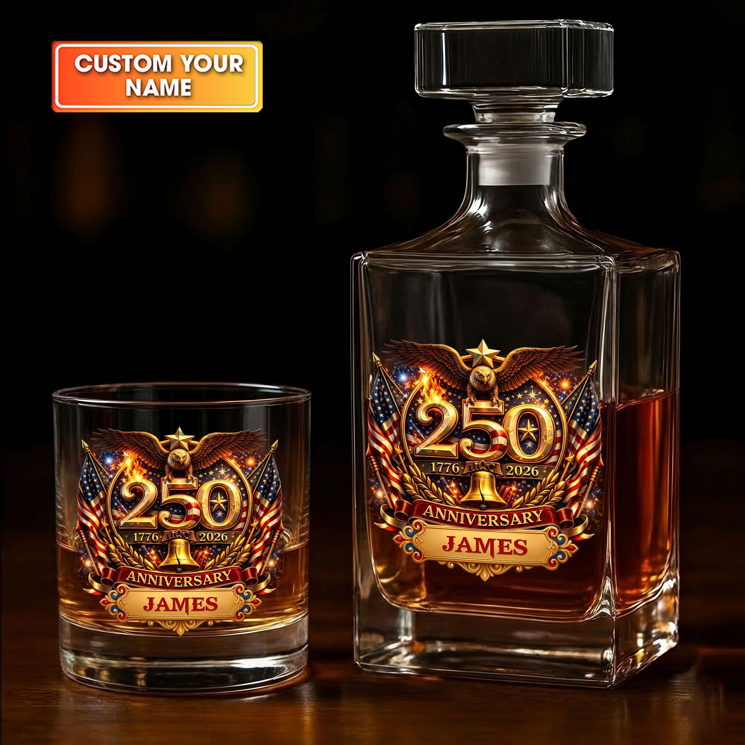 250th Anniversary Liberty Bell Flag And Bald Eagle Whiskey Decanter Set, America Patriot Whiskey Glasses