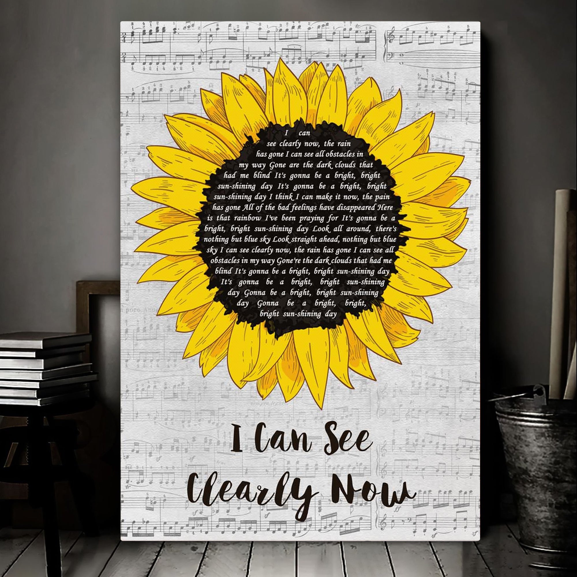 Johnny Nash I Can See Clearly Now Grey Script Sunflower Song Lyric Art Print Canvas Print Frames