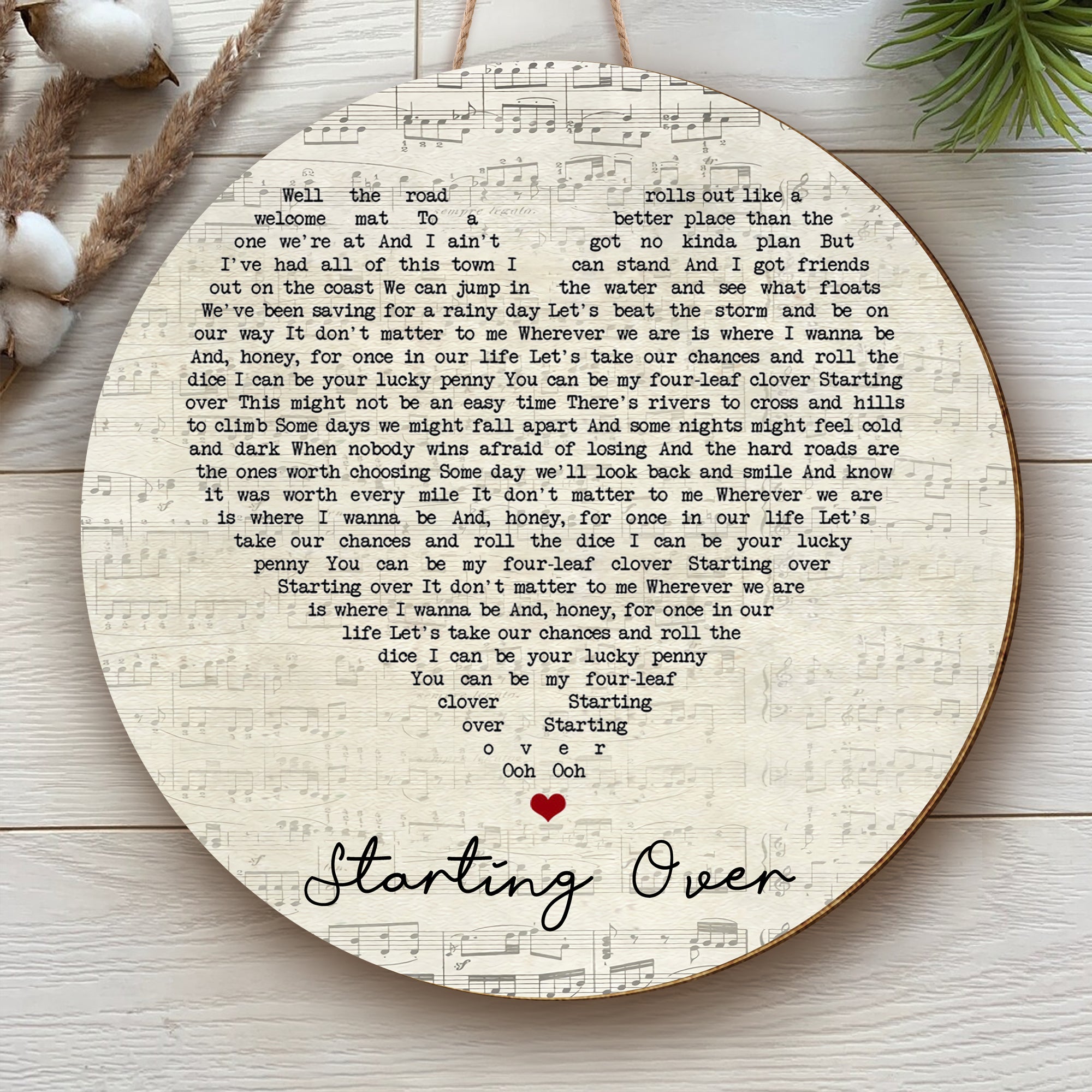 Chris Stapleton Starting Over Script Heart Song Lyric Music Art Print Round Wood Sign, Wood Sign For Home