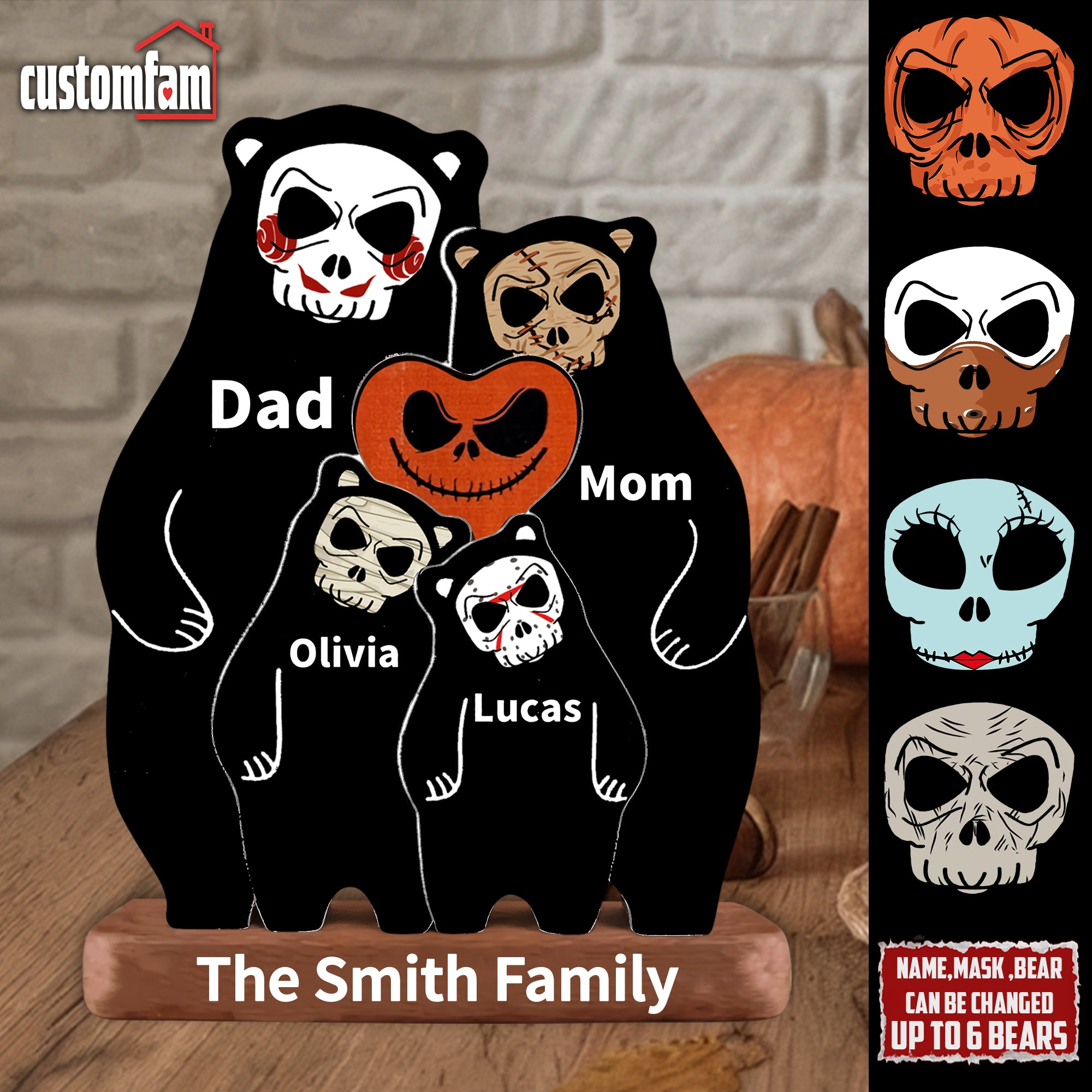 Personalized Halloween Wooden Bear Family Puzzle, Horror Movie Gift