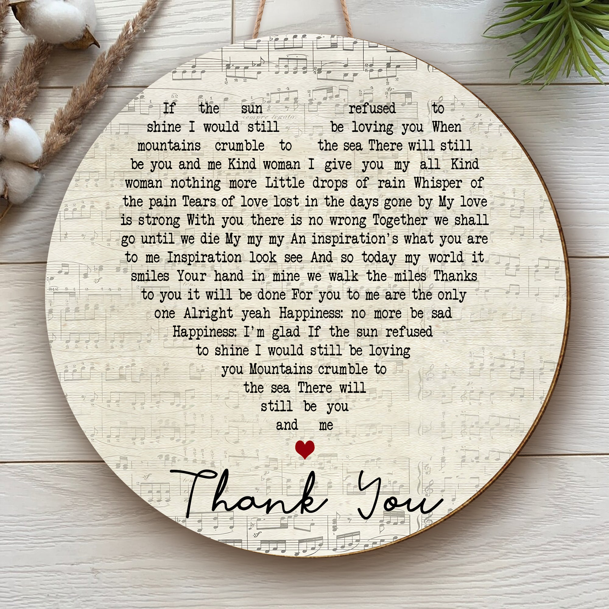 Thank You Script Heart Song Lyric Art Print Round Wood Sign, Wood Signs For Home