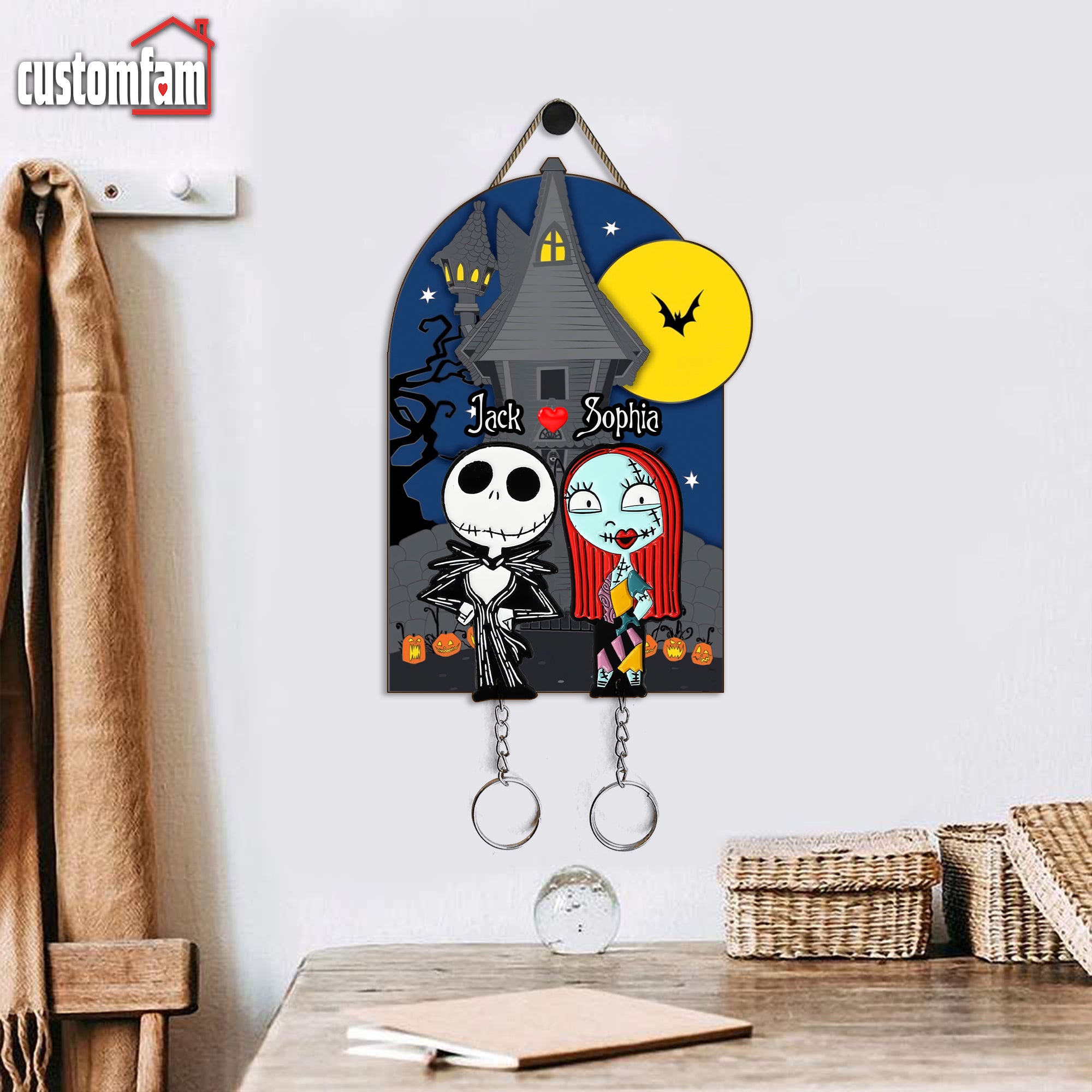 Jack & Sally Personalized Key Holder For Wall, Nightmare Before Christmas, Halloween Decor