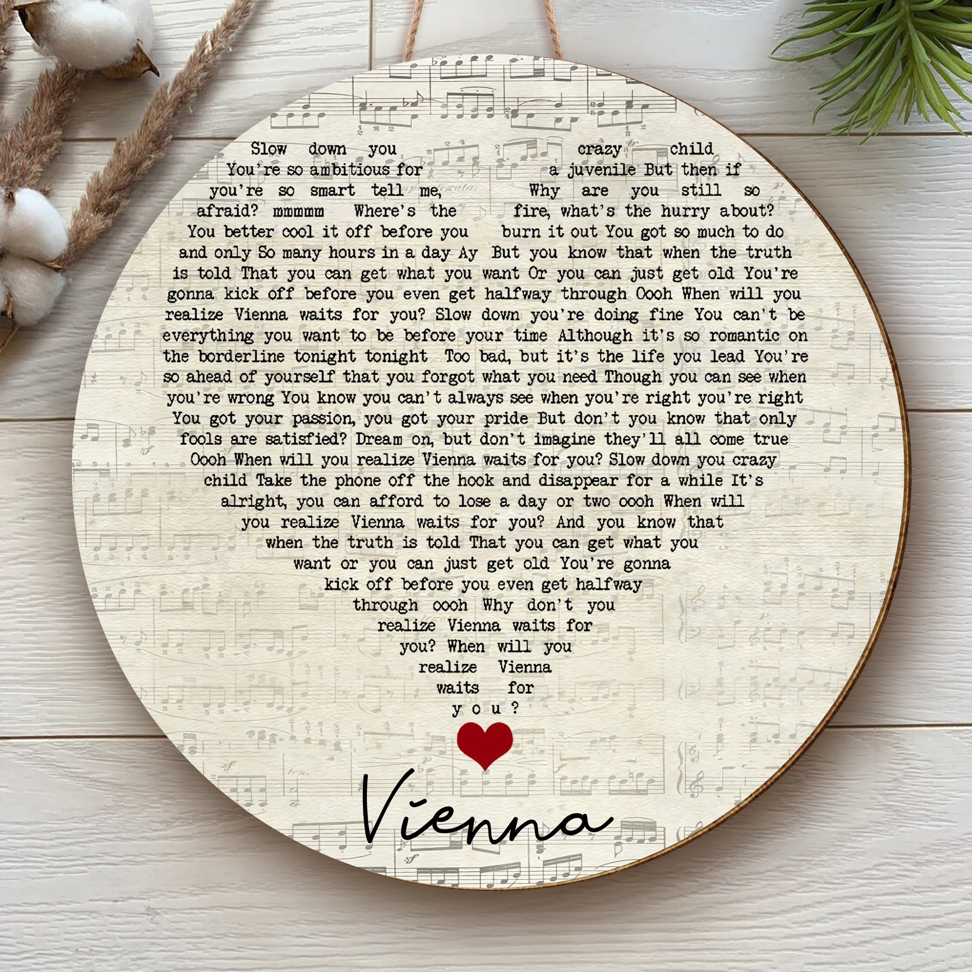 Billy Joel Vienna Script Heart Song Lyric Quote Music Art Print Round Wood Sign, Wood Sign For Home