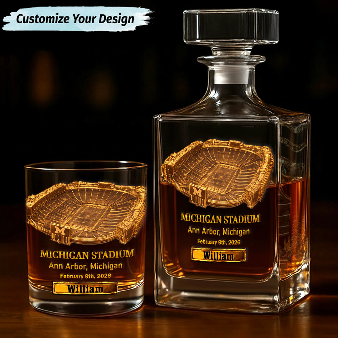 Michigan Stadium Whiskey Decanter Set, Custom Football Stadium Whiskey Glasses, Luxury Whiskey Glass