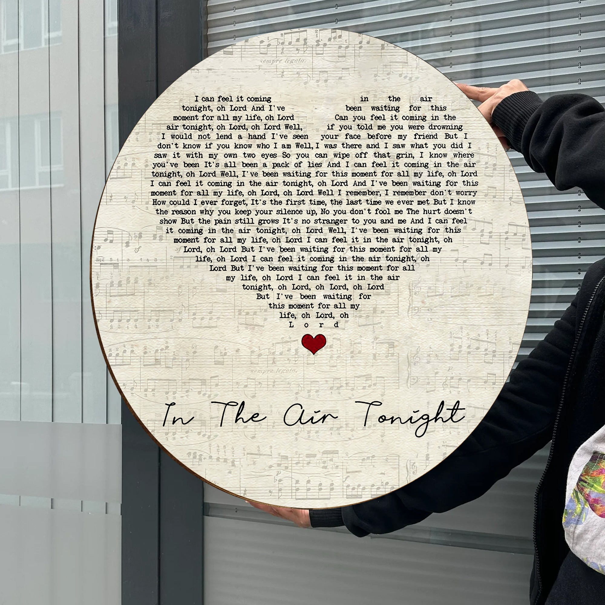 Phil Collins In The Air Tonight Script Heart Song Lyric Art Print Round Wood Sign, Wood Signs For Home