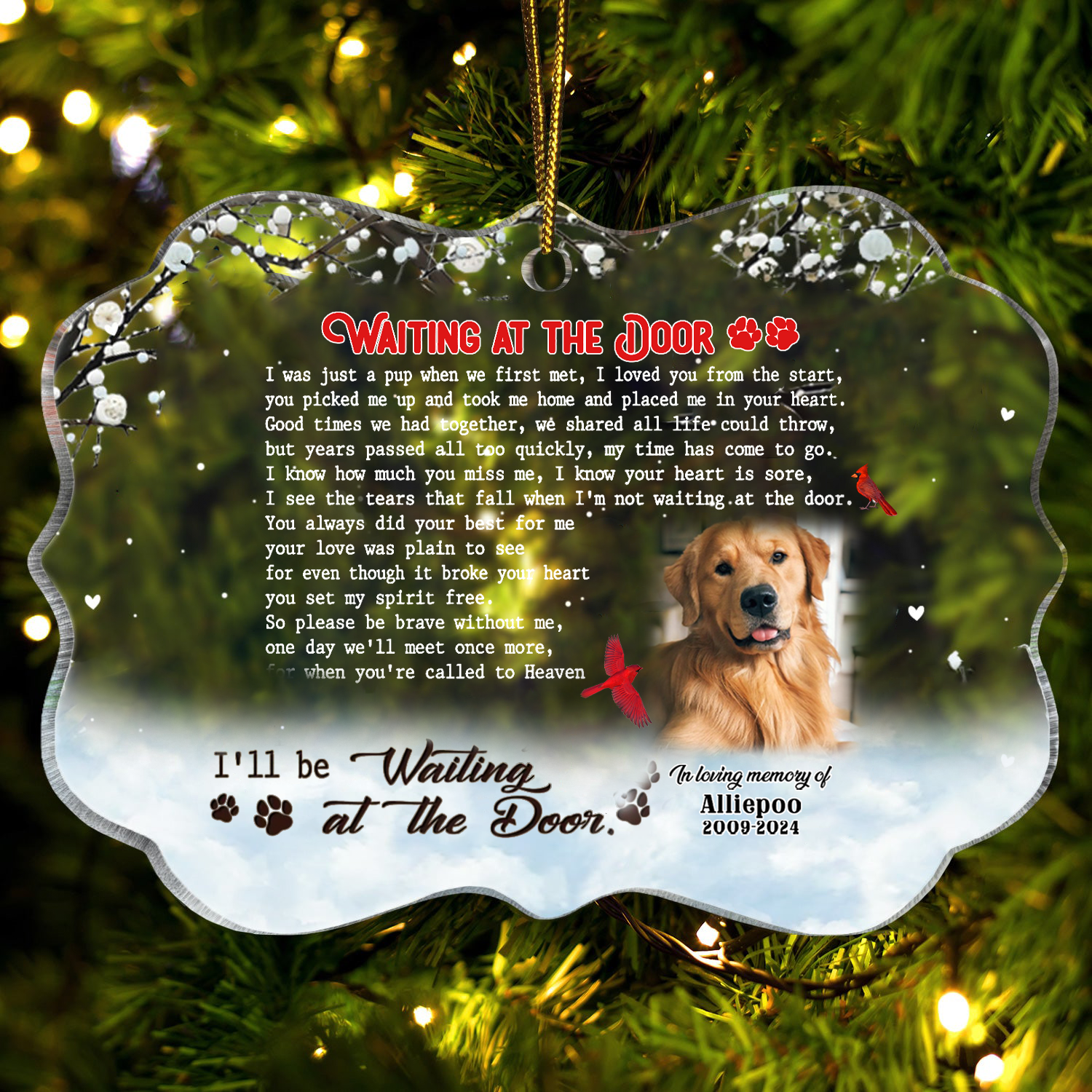 Waiting At The Door Custom Photo Memorial Christmas Acrylic Ornament, Gifts For Loss Of Dog