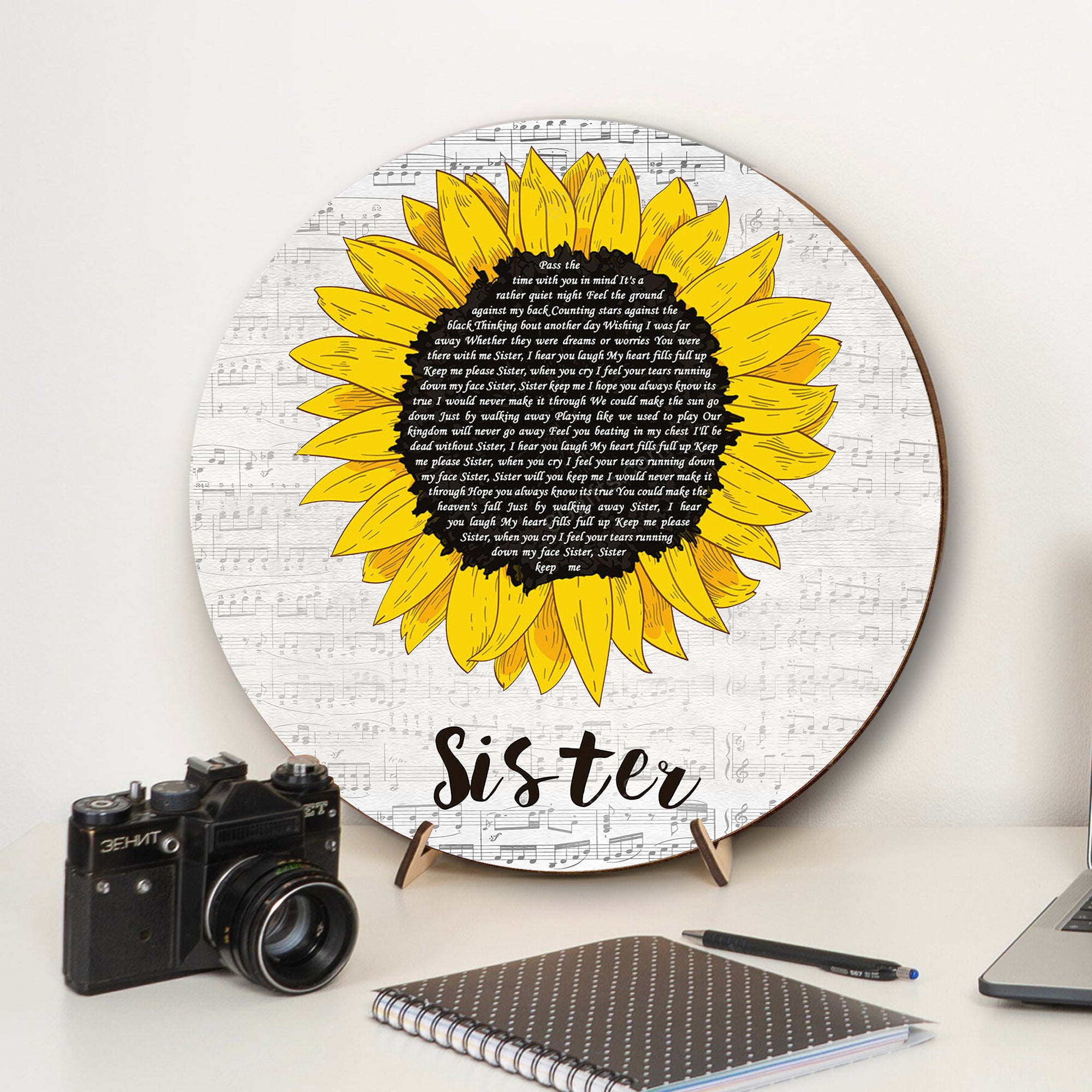 Dave Matthews Sister Grey Script Sunflower Decorative Art Gift Song Lyric Round Wood Sign, Wood Signs For Home