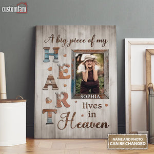 A Big Piece Of My Heart Lives In Heaven Personalized Canvas Wall Art, Memorial Gifts For Mom,  Loss Of Dad Mom Remembrance Gifts 1