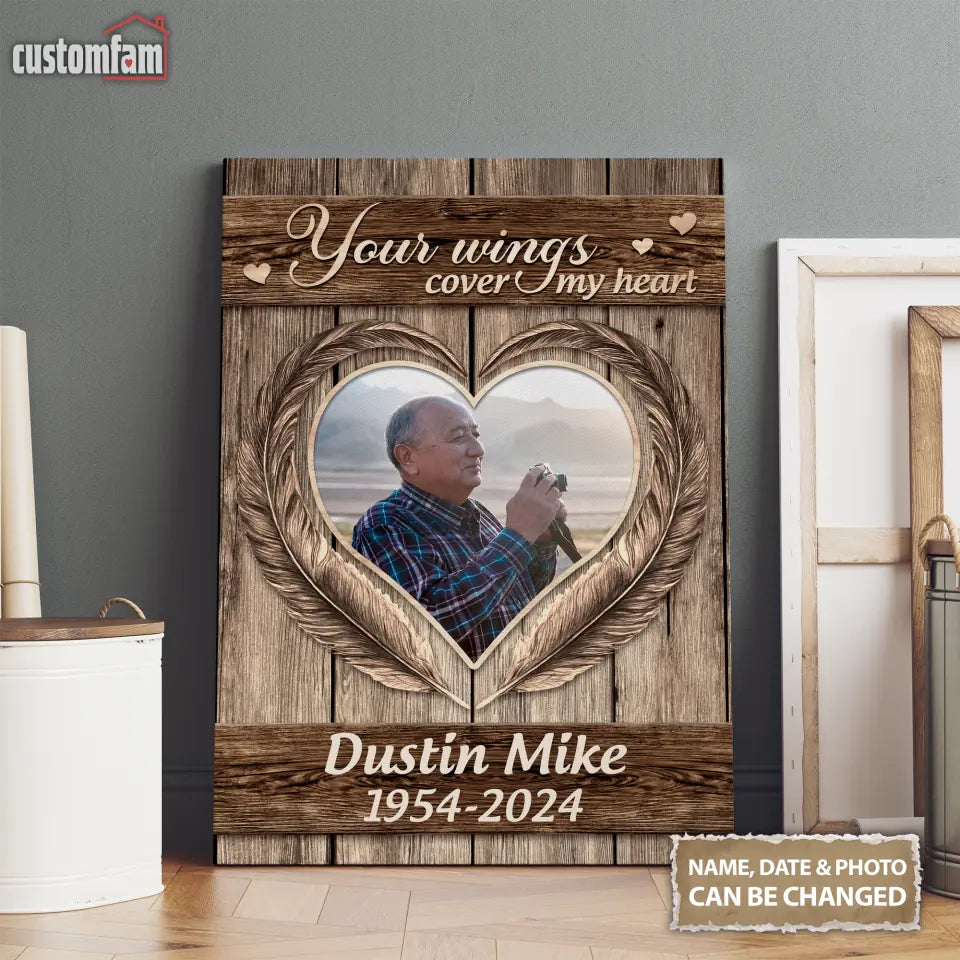 Personalized Photo Canvas Prints, Memorial Gifts, Loss Of Dad Remembrance Gifts, Your Wings Cover My Heart Canvas 1