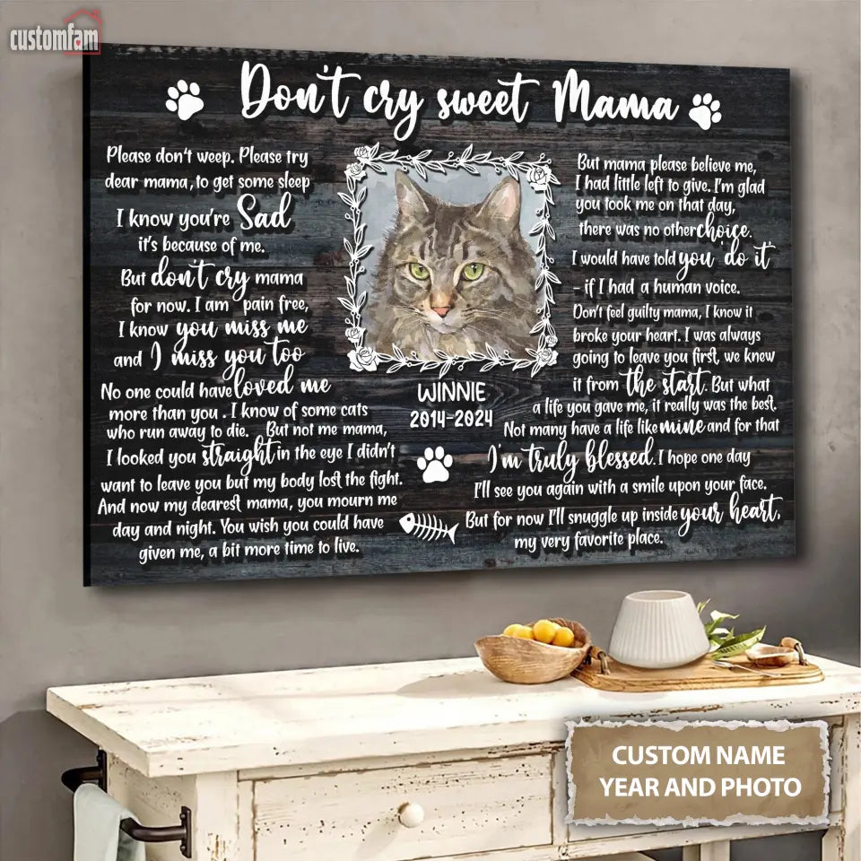 Personalized Photo Don’t Cry Sweet Mama, Custom Canvas Print, Remembrance Gift, Personalized Gift, Cat Gift, Memorial Gift, Pet Loss Gift 1