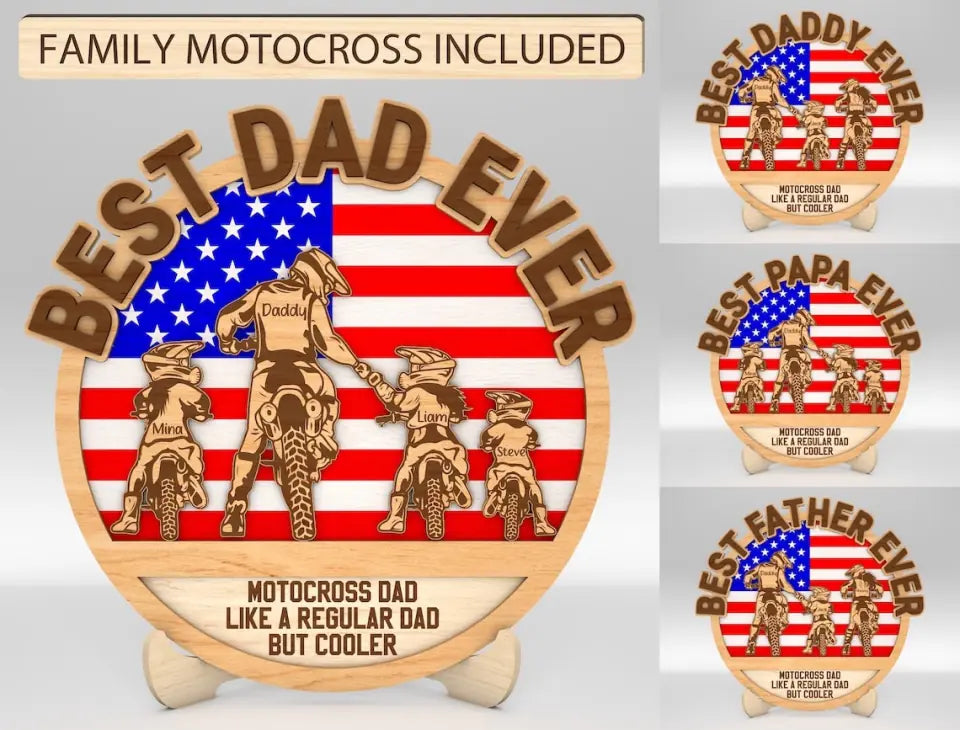 Best Dad Ever Personalized Motocross Dad And Kids US Flag Wooden Sign, Family Motocross Gift, Father's Day Gifts, Gifts For Dad