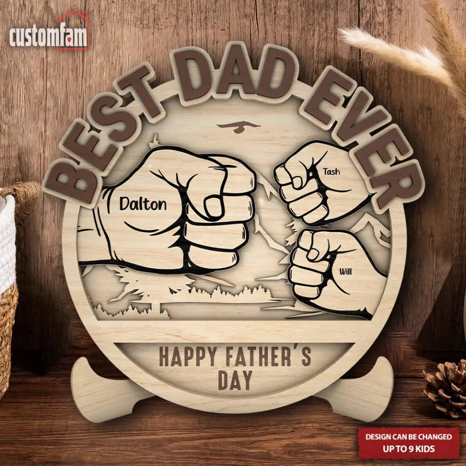 Personalized Dad And Kid Hands Fist Bump Mountain Wooden Sign, Best Dad Ever, Gifts for Dad, Father's Day Gifts