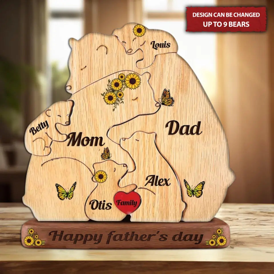 Personalized Engraved Wooden Bears Family Sunflower Puzzle, Father's Day Gift, Gifts For Dad