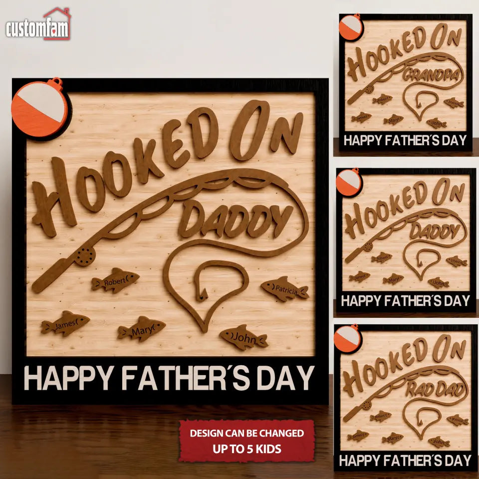 Hooked On Daddy Personalized 2 Layered Wooden Sign, Gifts For Dad, Father's Day Gifts, Dad Fishing Gift