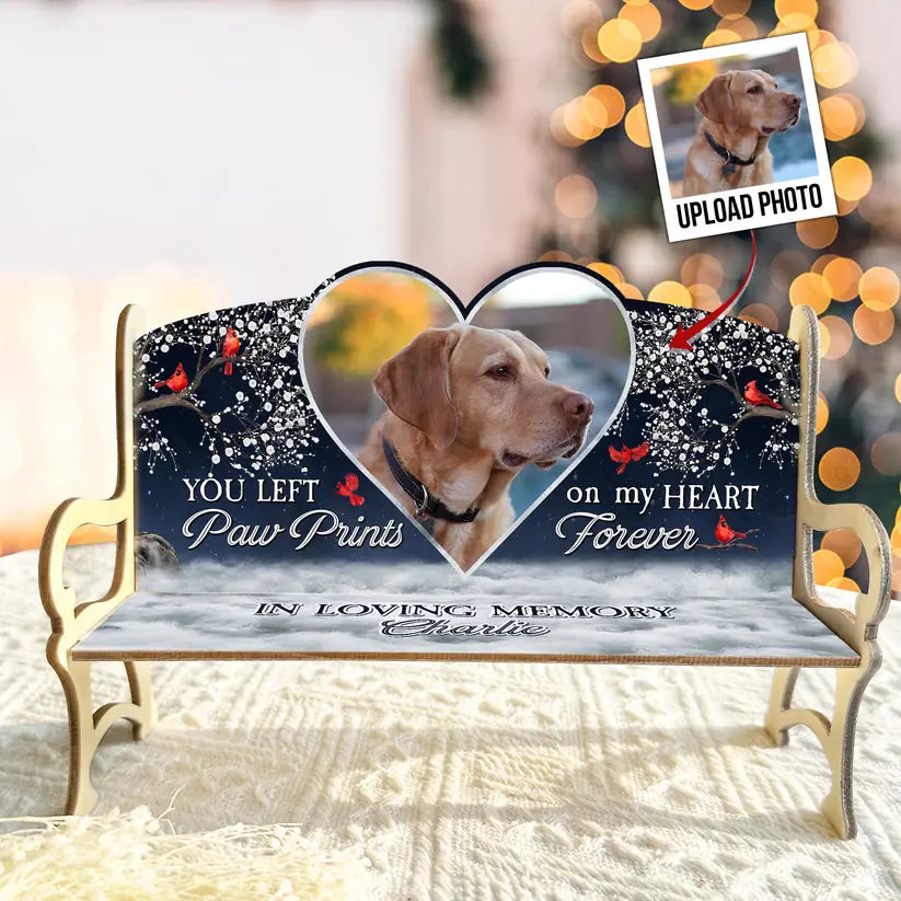 You Left Paw Prints On My Heart Forever Personalized Photo Memorial Bench Keepsake, Gift For Pet Lovers