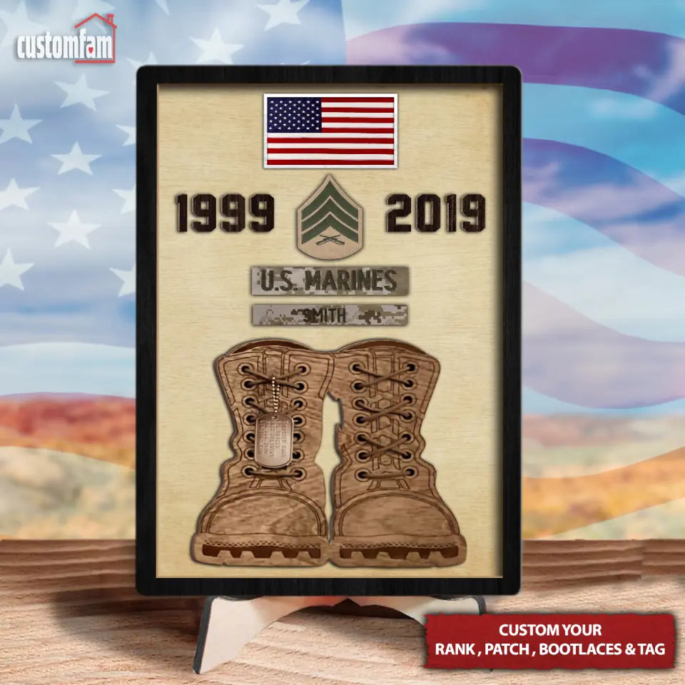 Custom Military Tribute with Bootlaces and Tag Wooden Sign, Add-Your-Own Rank and Patches Veteran Service Plaque