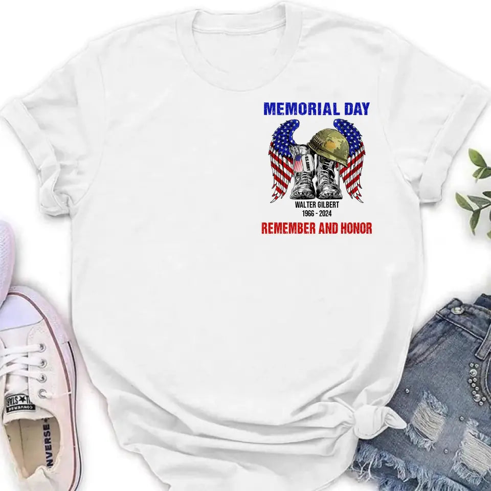 Memorial Day Honor and Remember with Custom Name, Branch, and Years T-Shirt, Veteran Gifts