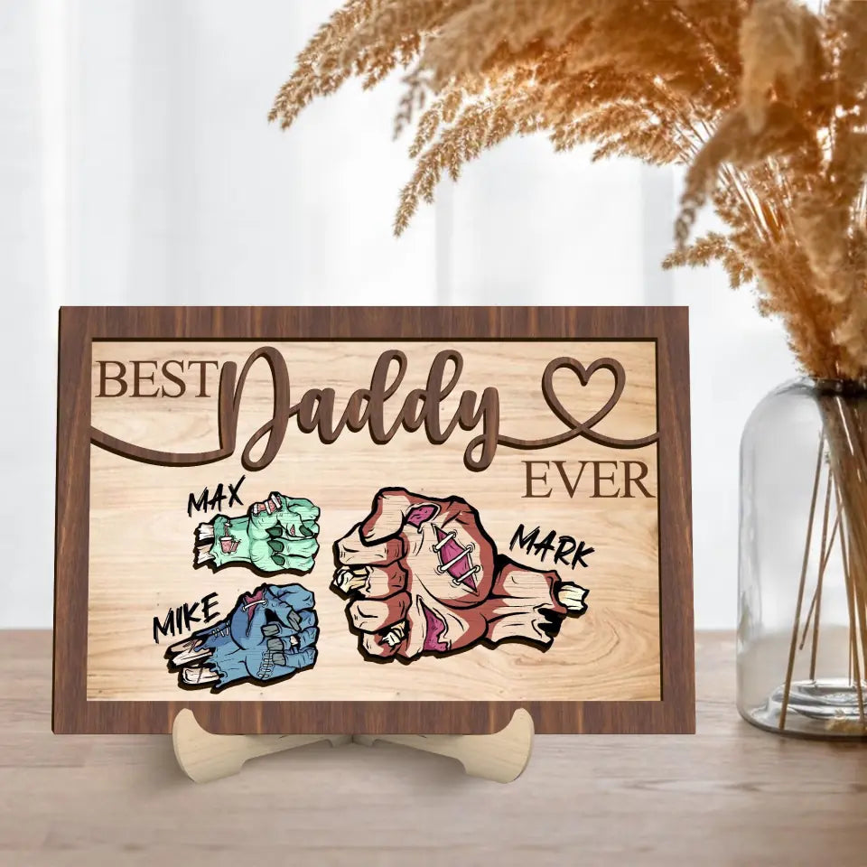 Personalized Daddy Fist Bump With Kids Name Frame 2 Layered Wooden Sign, Halloween Gifts