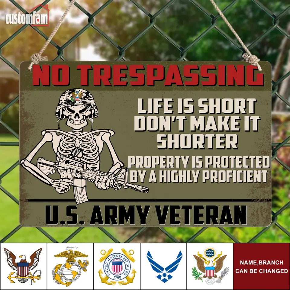 No Trespassing Personalized US Military Branch Metal Tin Sign, Veteran Gifts