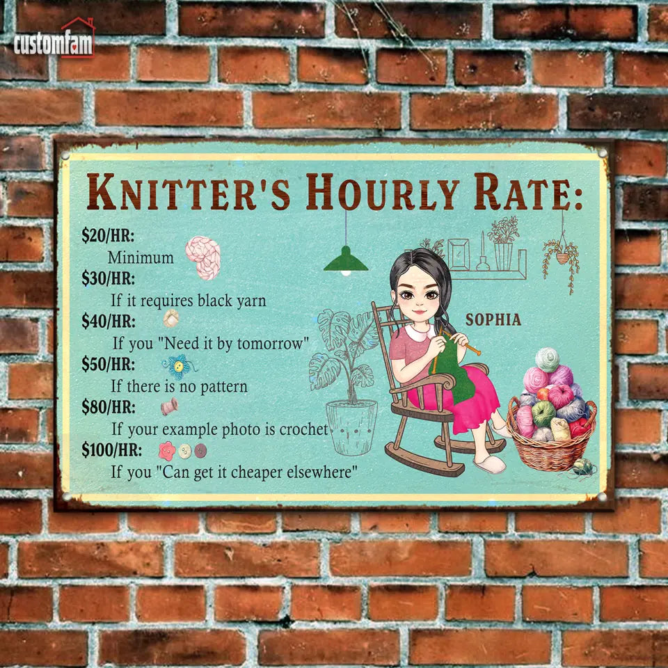 Crocheter's Hourly Rate Personalized Metal Tin Sign, Crochet Knitting Lover Gift