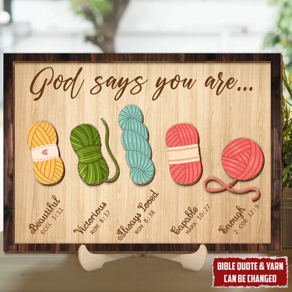 God Says You Are Personalized Wool Yarn 2 Layered Wooden Sign, Craft Room Decor, Knitting Crochet Lovers Gift