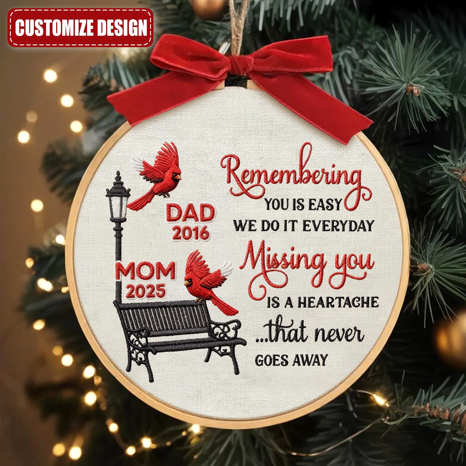 Personalized Dad Mom Cardinal Embroidery Hoop Ornament, Memorial Christmas Ornament, Sympathy Gift
