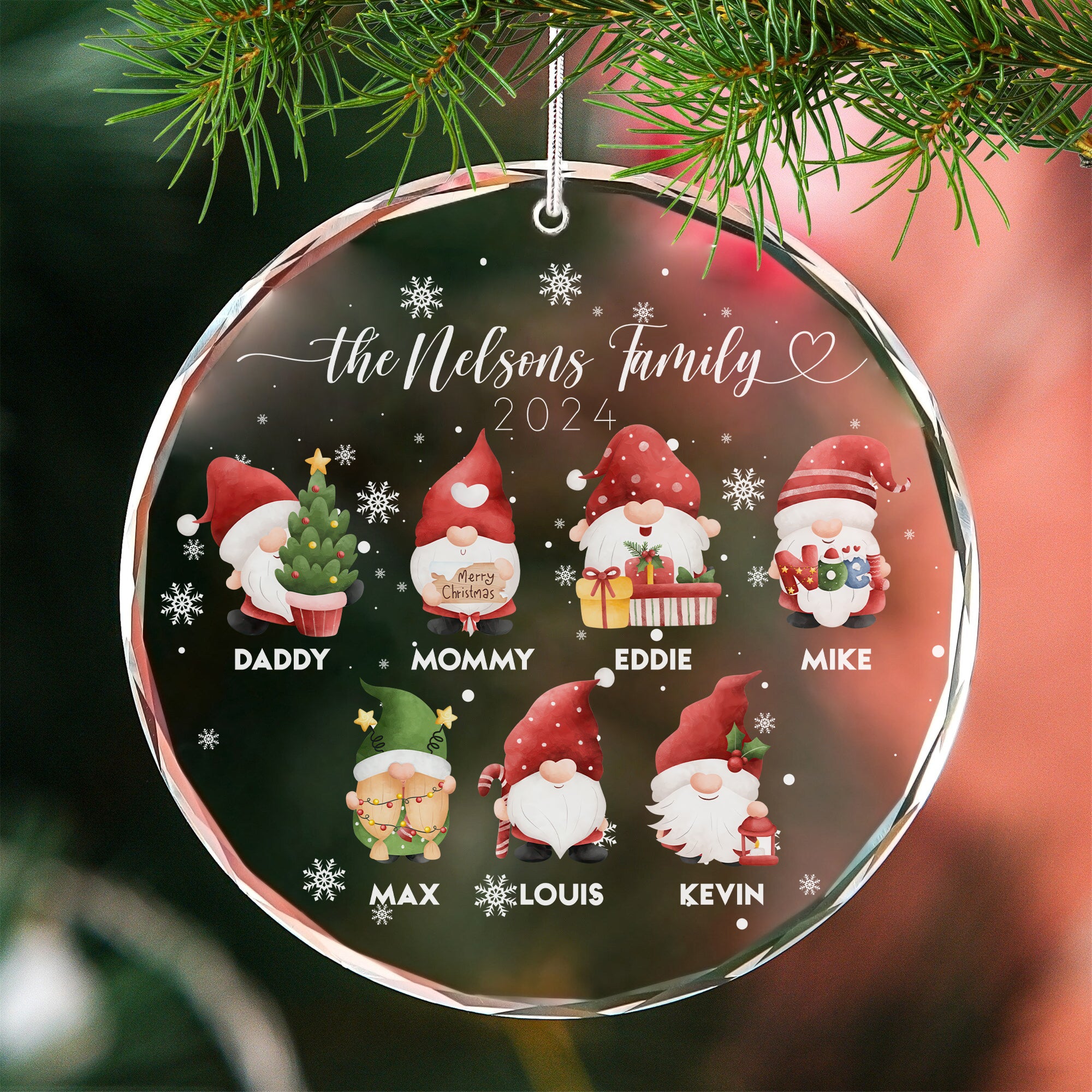 Custom Christmas Gnome Glass Ornament, Gift For Family