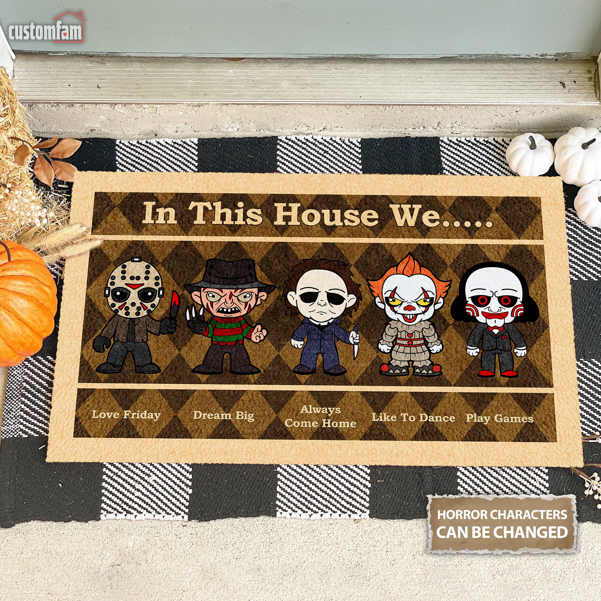 In This House We Horror Doormat, Scary Movie Gift, Halloween Decor