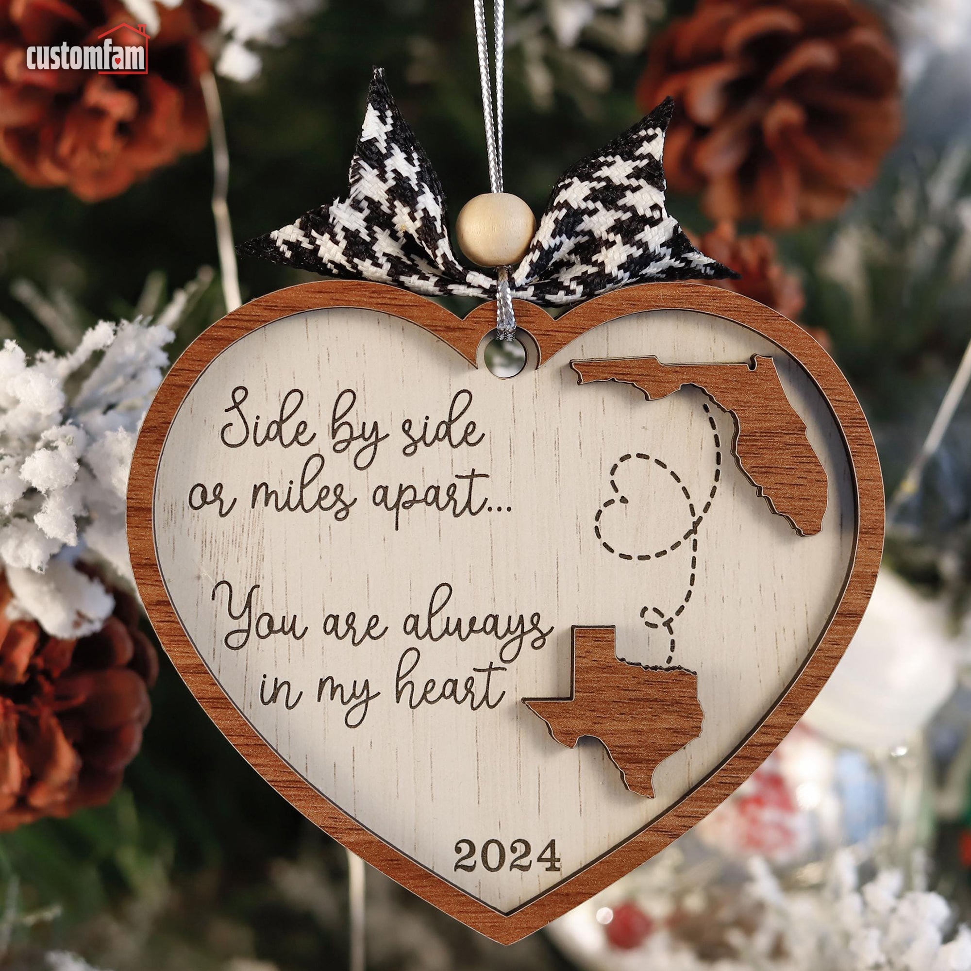 Side By Side Or Miles Apart Personalized State to State Ornaments, Christmas Gift