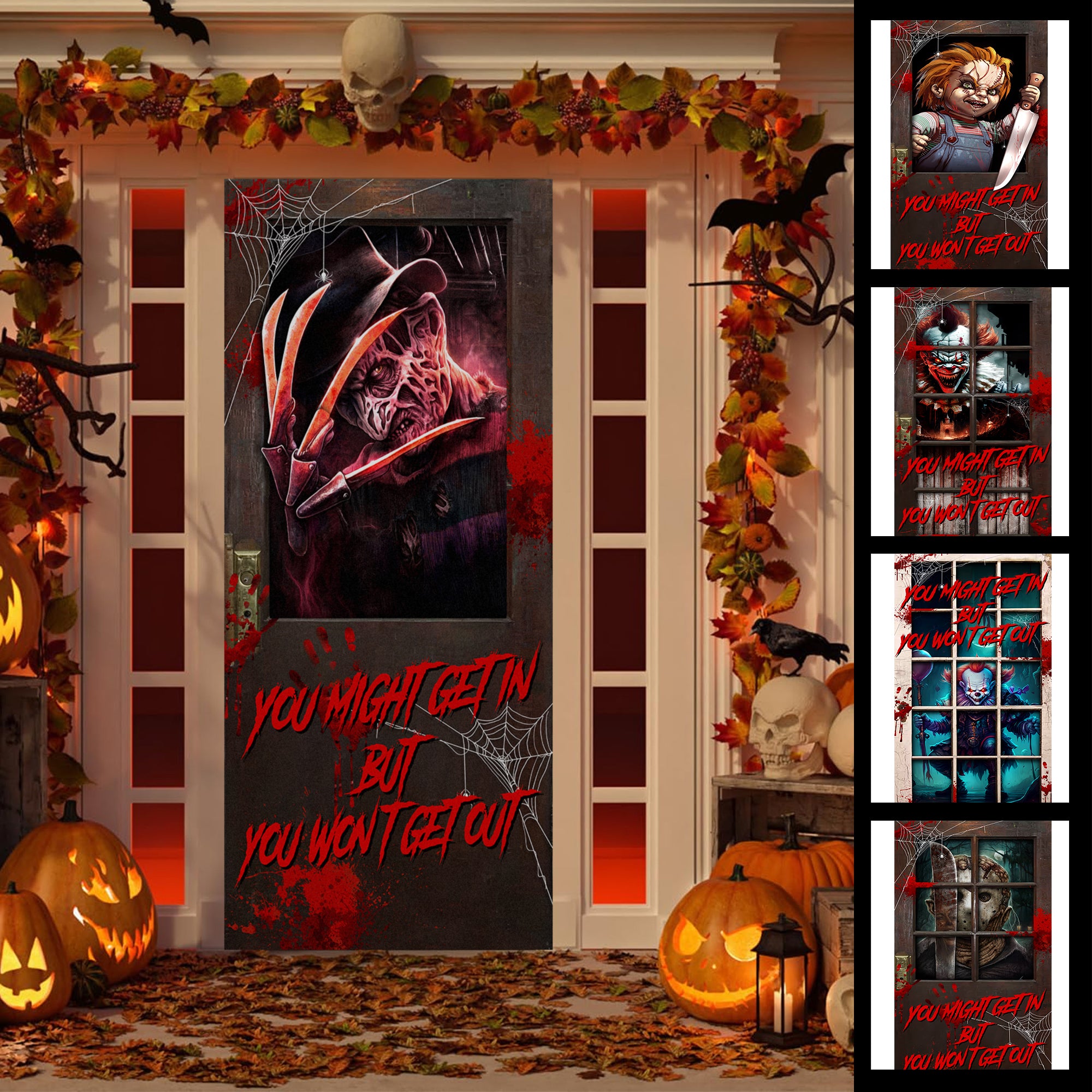 You Might Get In But You Won’t Get Out Halloween Door Cover, Horror Movie Gift