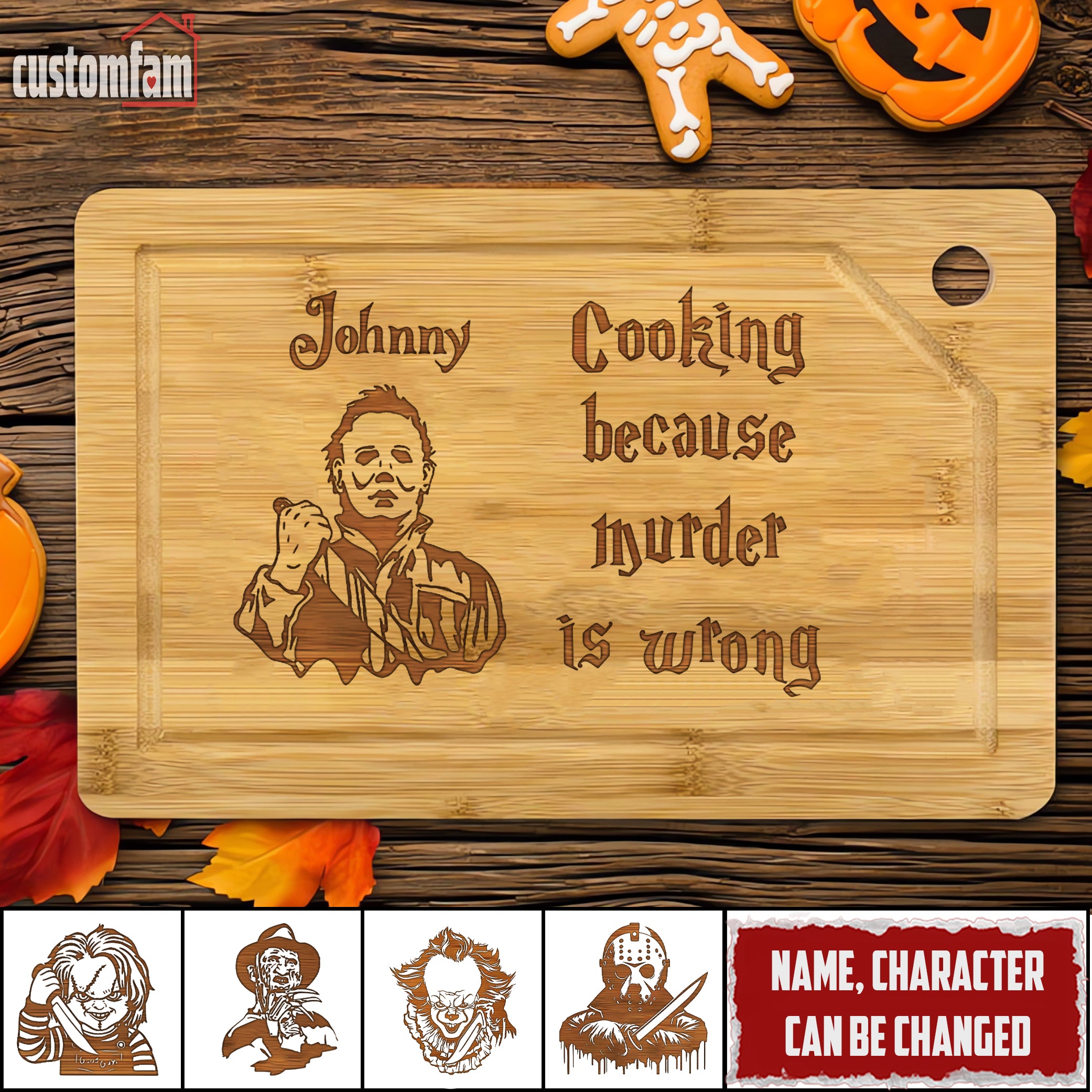 Cooking Because Murder Is Wrong Engraved Personalized Cutting Board, Halloween Horror Movie Gift