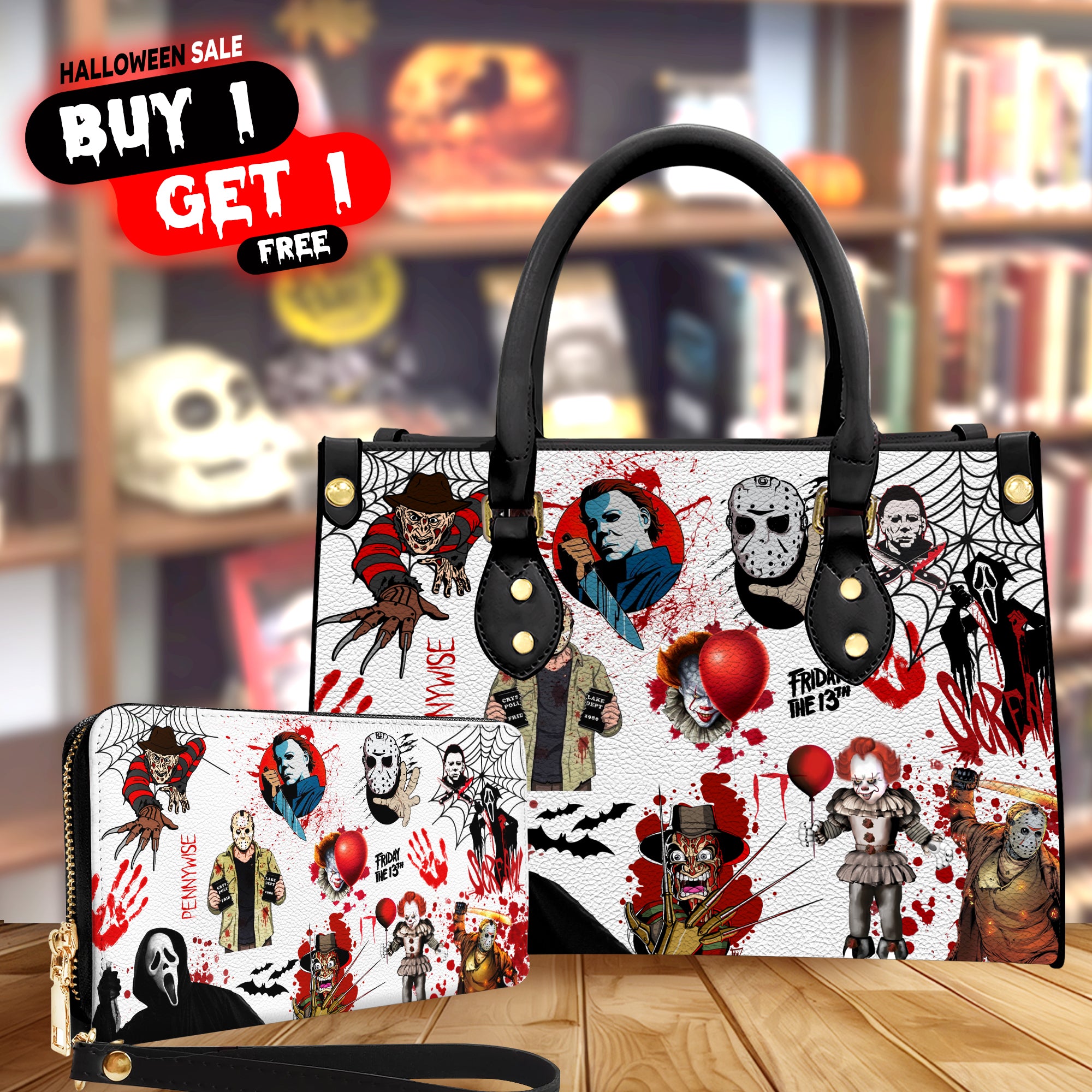 Halloween Horror Movie Characters Leather Bag, Spooky Purse With Wallet