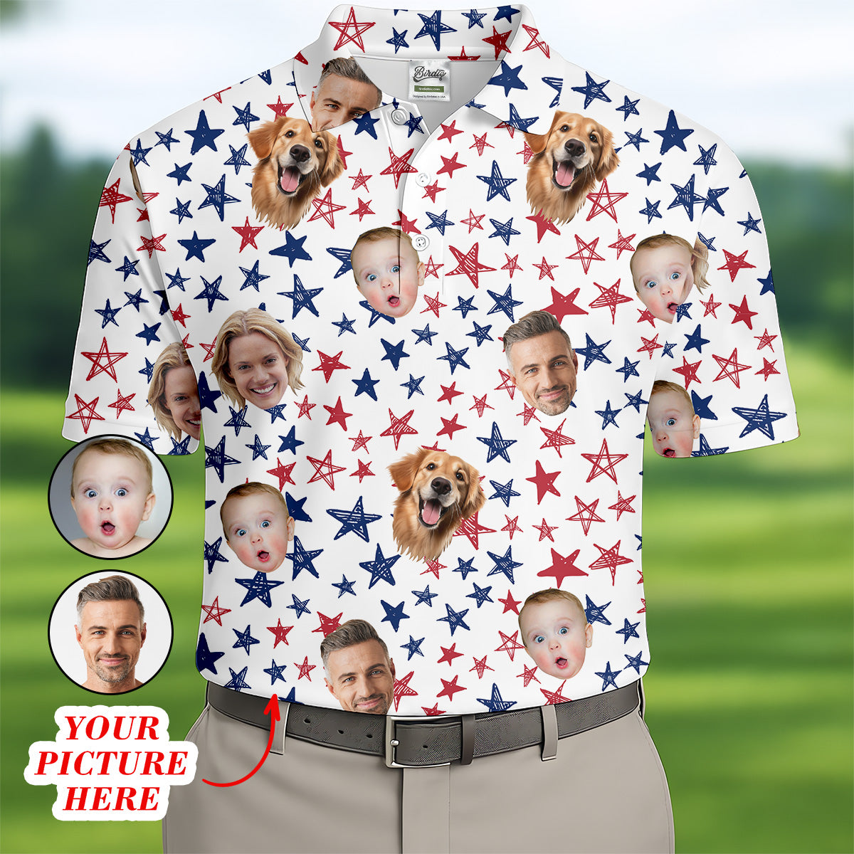 Patriotic USA Custom Shirts With Faces, Men's Golf Polo Shirt, American Flag Golf Shirt, Funny Fourth Of July Shirts