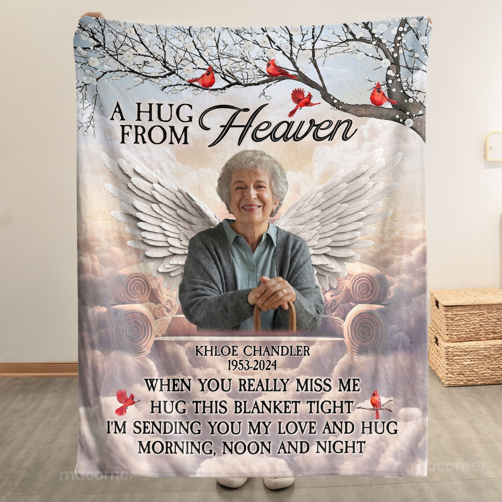 A Hug From Heaven Angel Wings Personalized Memorial Blanket With Pictures, Sympathy Gifts