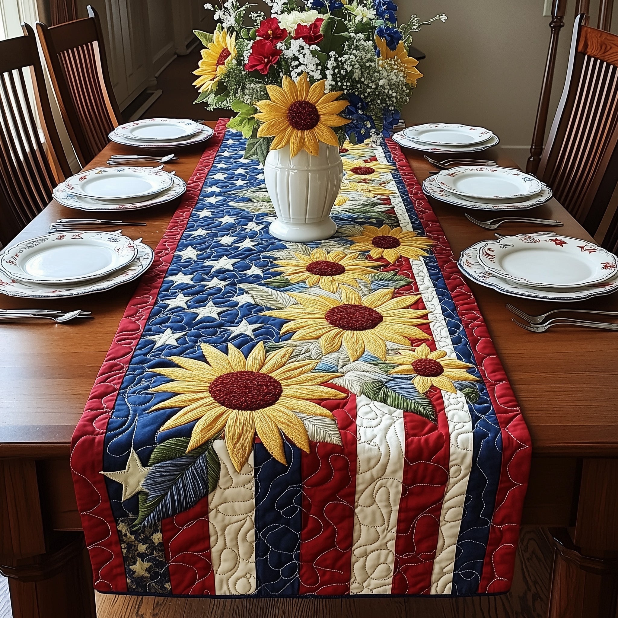 Patriotic Sunflower Quilted Table Runner, Easter Table Runner, Spring Table Runner, Mother's Day Gifts