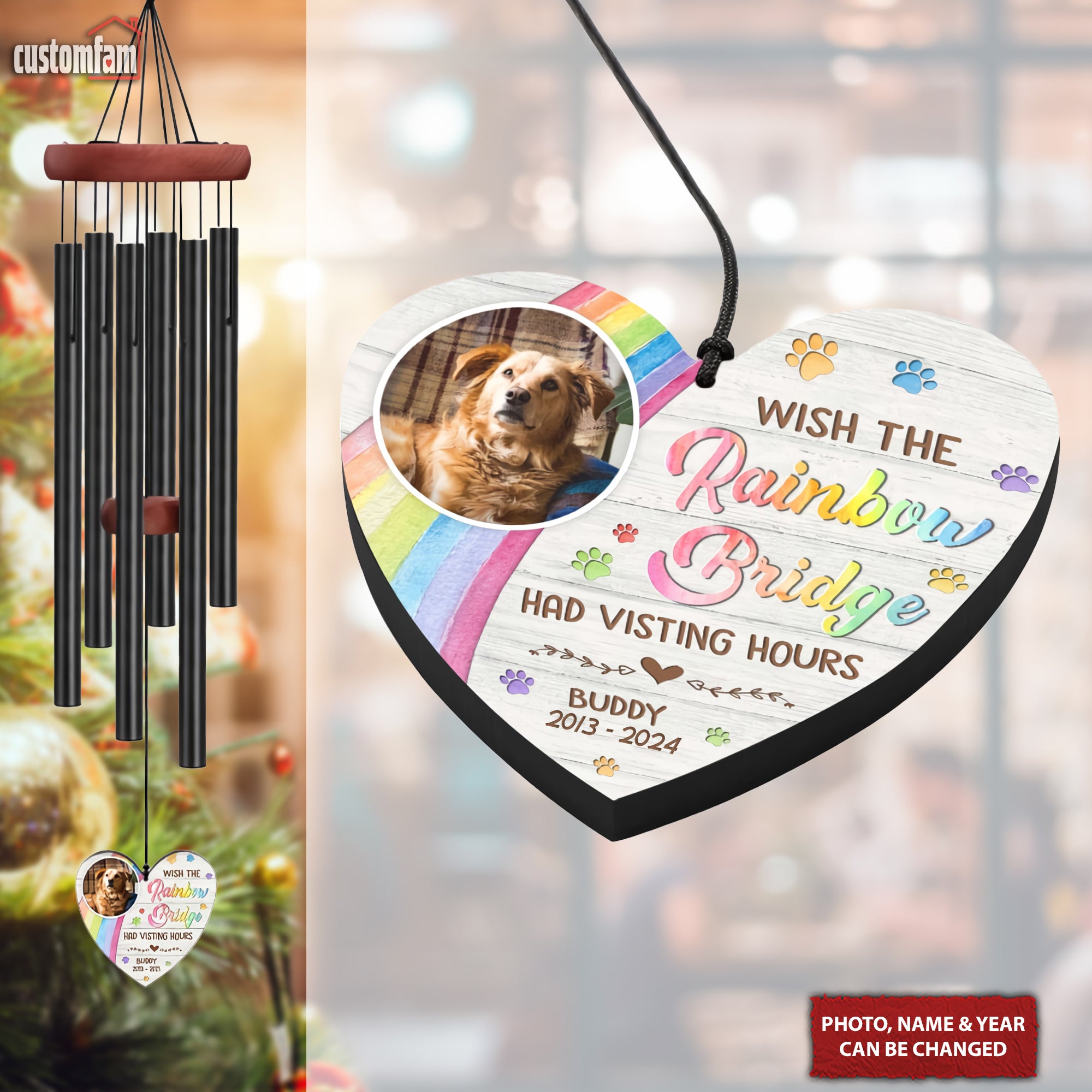 I Crossed The Rainbow Bridge Custom Photo Pet Memorial Wind Chimes, Gift For Dog Lovers