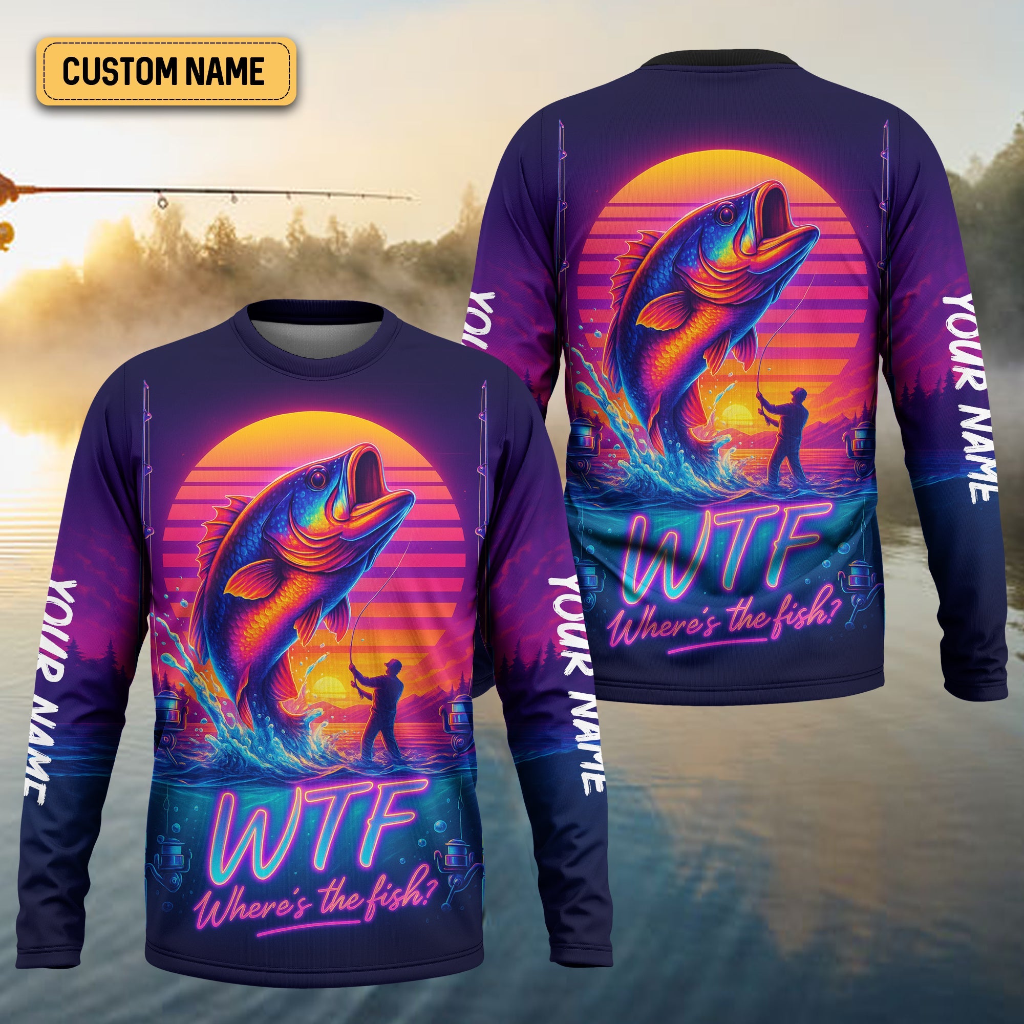 WTF Where Is The Fish Mens Fishing UPF Shirts, Long Sleeve Fishing Shirts, Hooded Sun Shirt, UV Shirts For Men