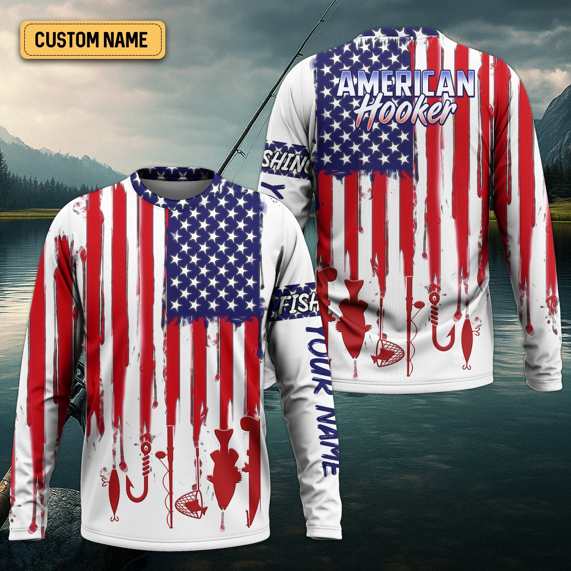 American Hooker Hooded UPF Shirt, American Flag Fish Shirt, Long Sleeve Fishing Shirts, Mens Casual Shirts
