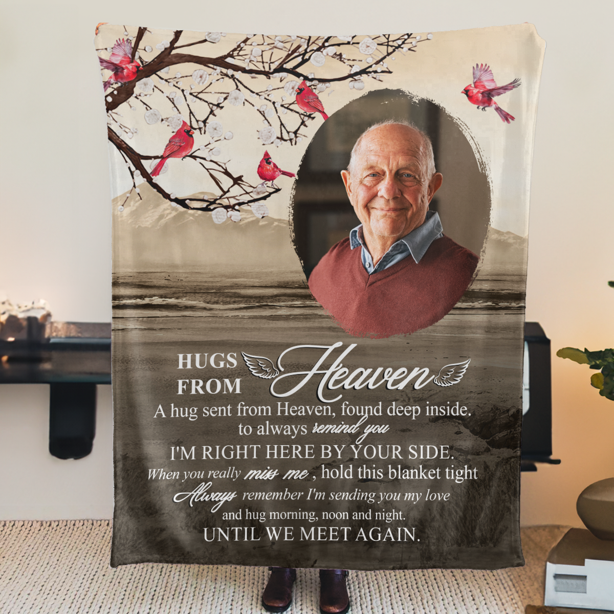 A Hug From Heaven Until We Meet Again Personalized Memorial Blanket With Pictures, Sympathy Gifts