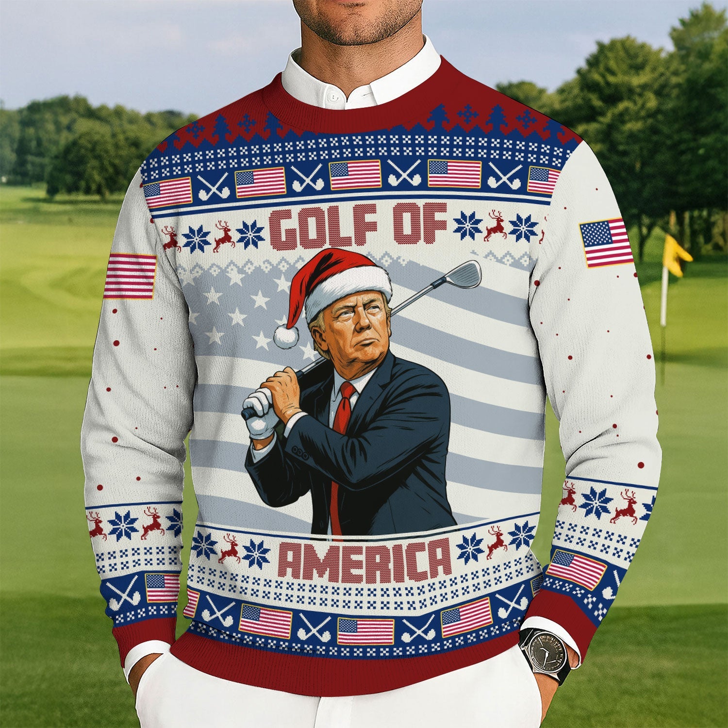 Golf Of America Trump President Santa Christmas Ugly Sweater, Golf Ugly Christmas Sweater, Christmas Golf Shirt