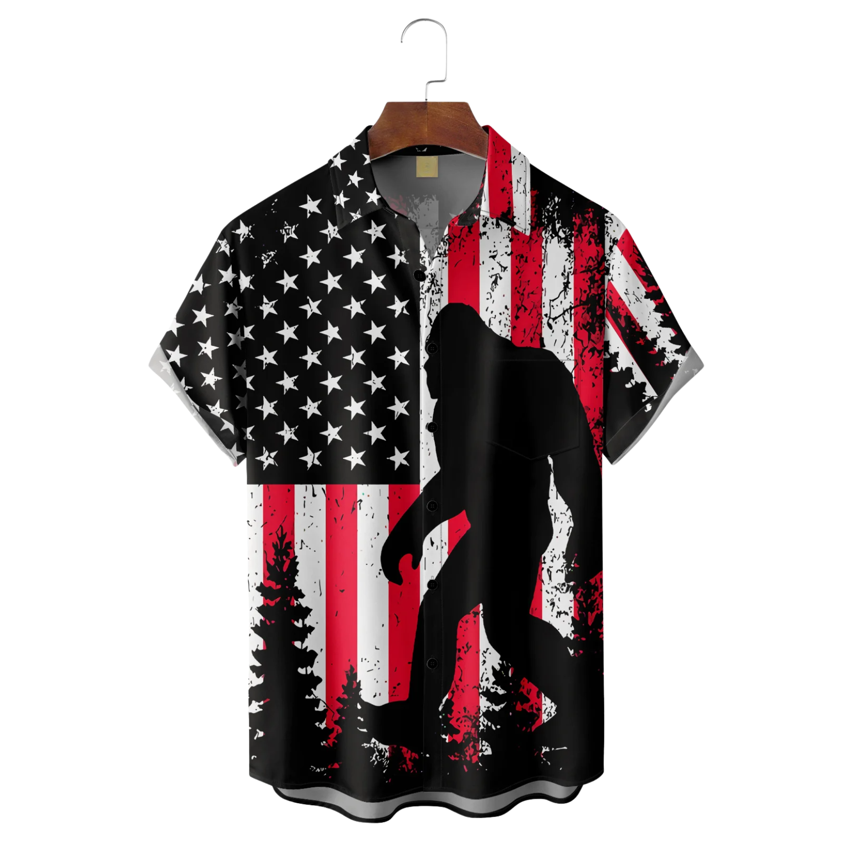 American Patriot Bigfoot US Flag Print Hawaiian Golf Shirt, 250th Anniversary Tropical Vibe Men's Golf Shirt