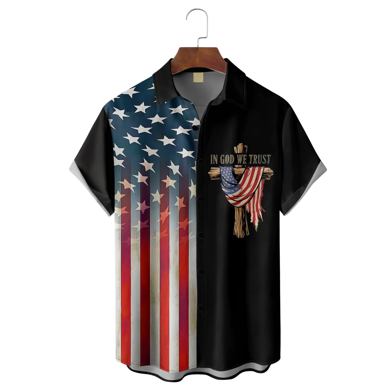 American Flag Cross IN GOD WE TRUST Patriotic Hawaiian Golf Shirt, 250th Anniversary Tropical Vibe Men's Golf Shirt