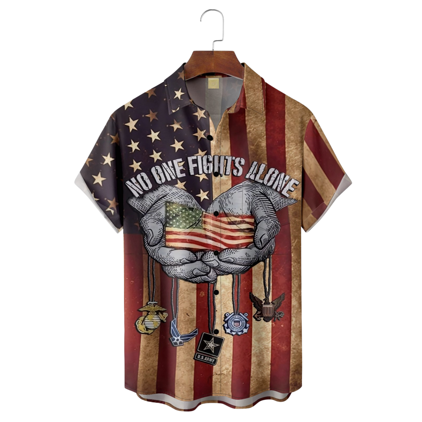 No One Fights Alone Patriotic American Flags Hawaiian Golf Shirt, 250th Anniversary Tropical Vibe Men's Golf Shirt