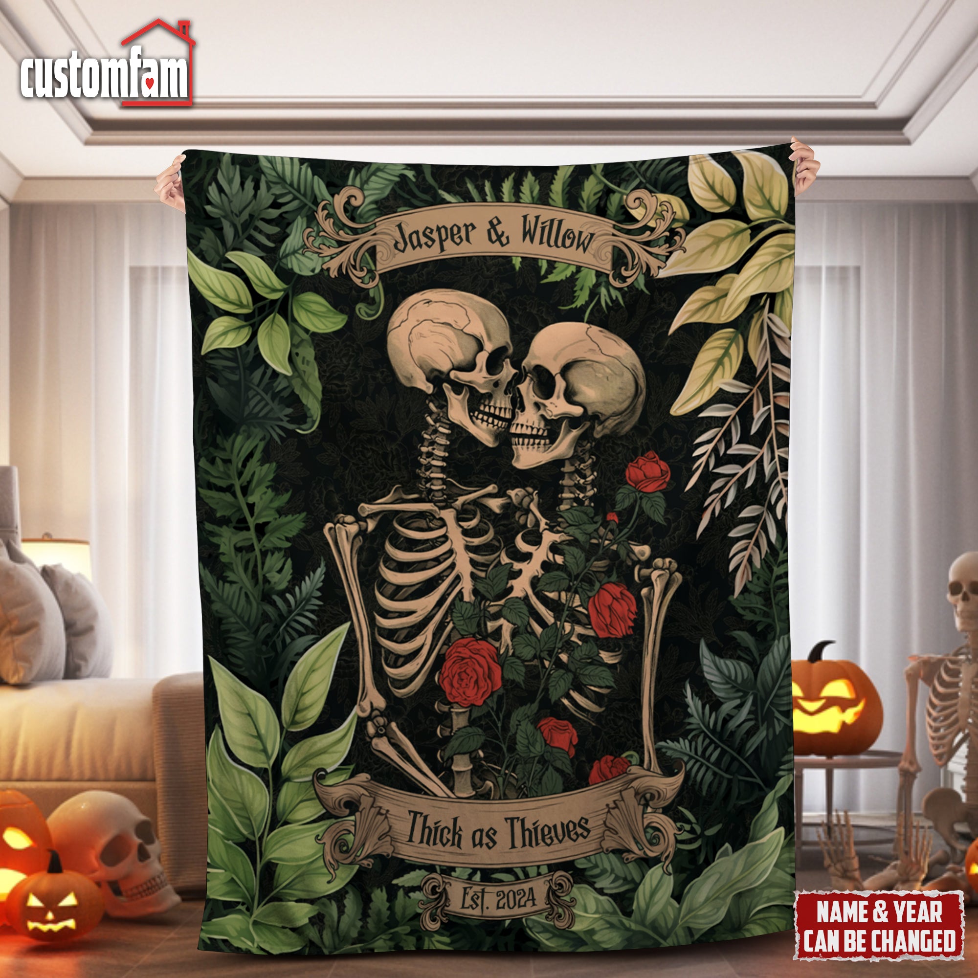 Thick As Thieves Lovers Skull Woven Blanket, Skeleton Blanket, Halloween Room Decor