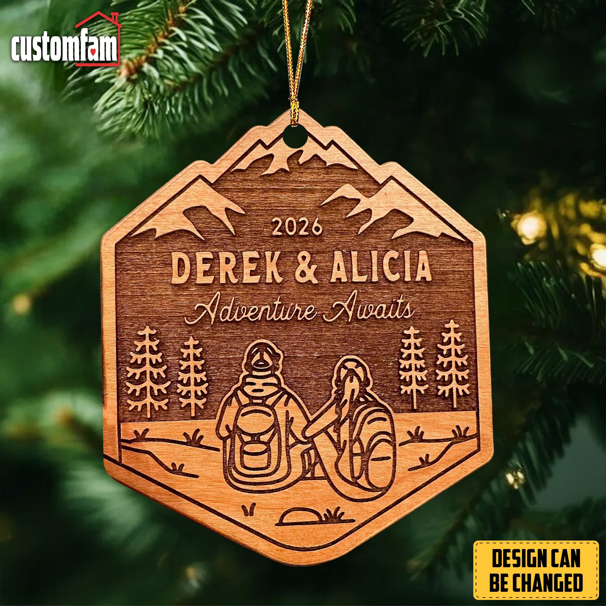 Hiking Couple Ornament, Custom Wood Door Sign, Camping Christmas Ornament