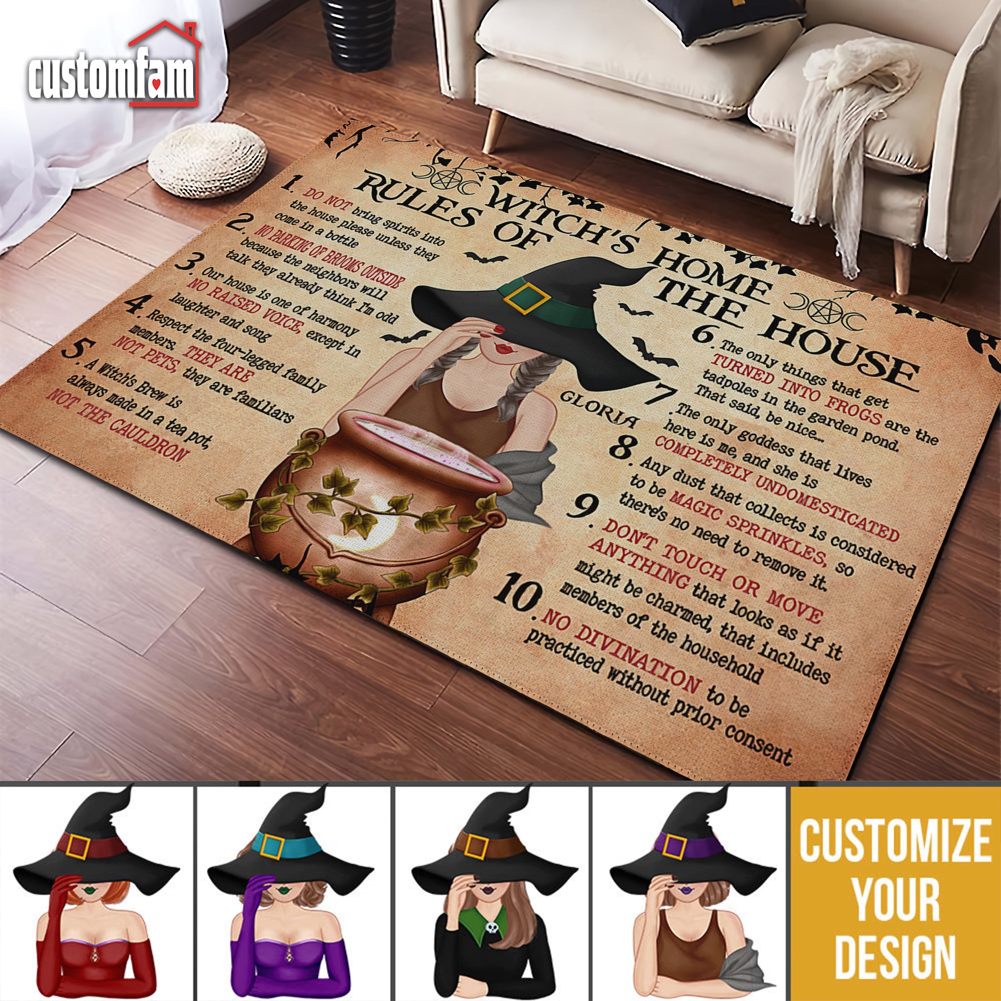 Witch's Home Rules Of The House Area Rug Carpet, Halloween Room Decor