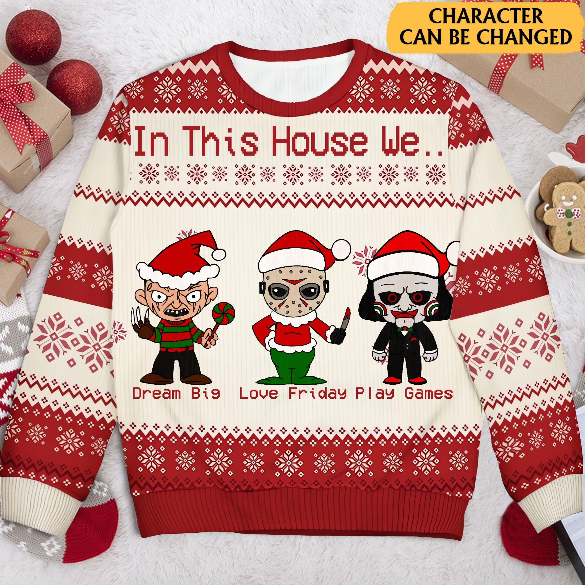 In This House We Personalized Funny Christmas Ugly Sweater, Horror Movie Gifts