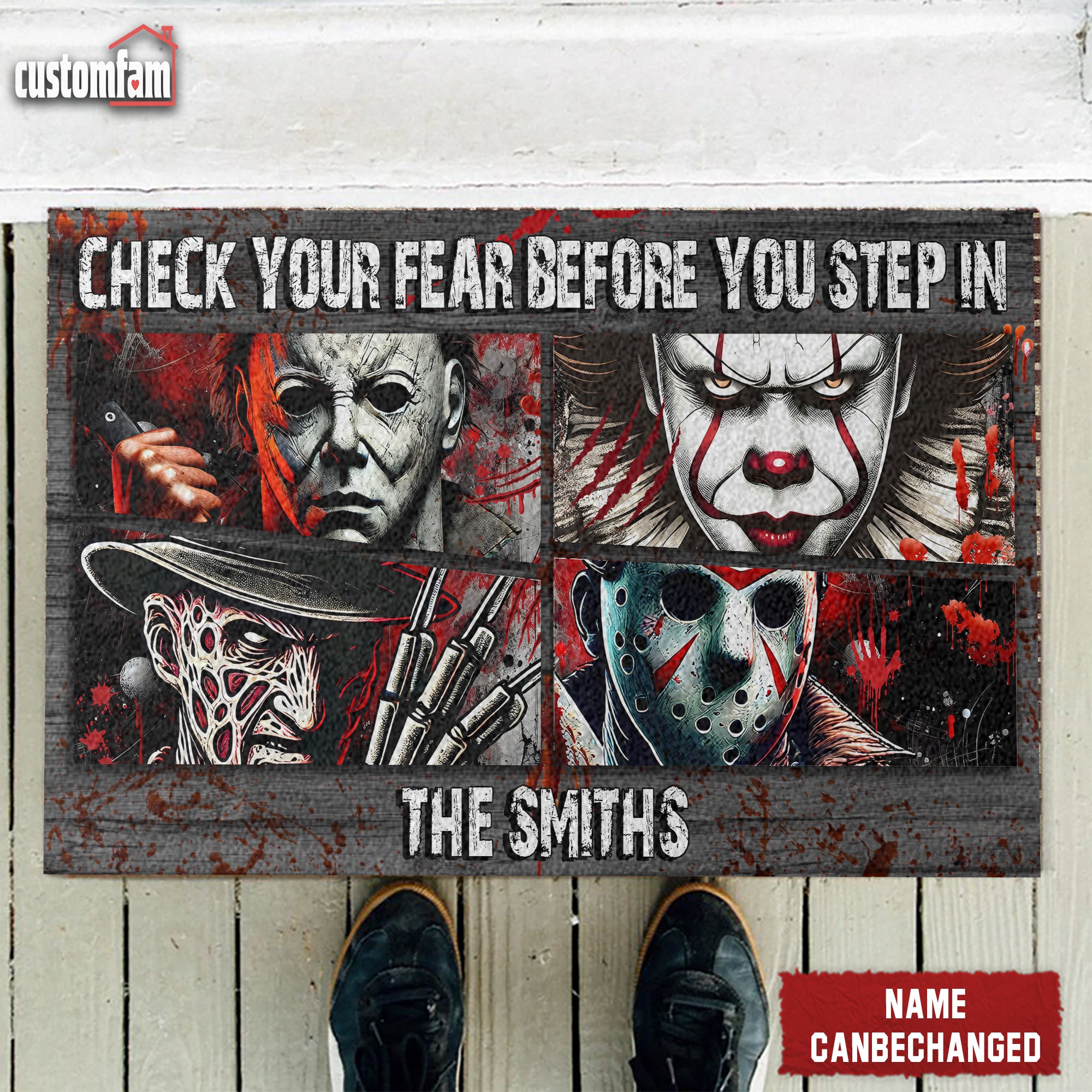 Check Your Fear Before You Step In Personalized Doormat, Horror Movie Fan Gift, Halloween Decor