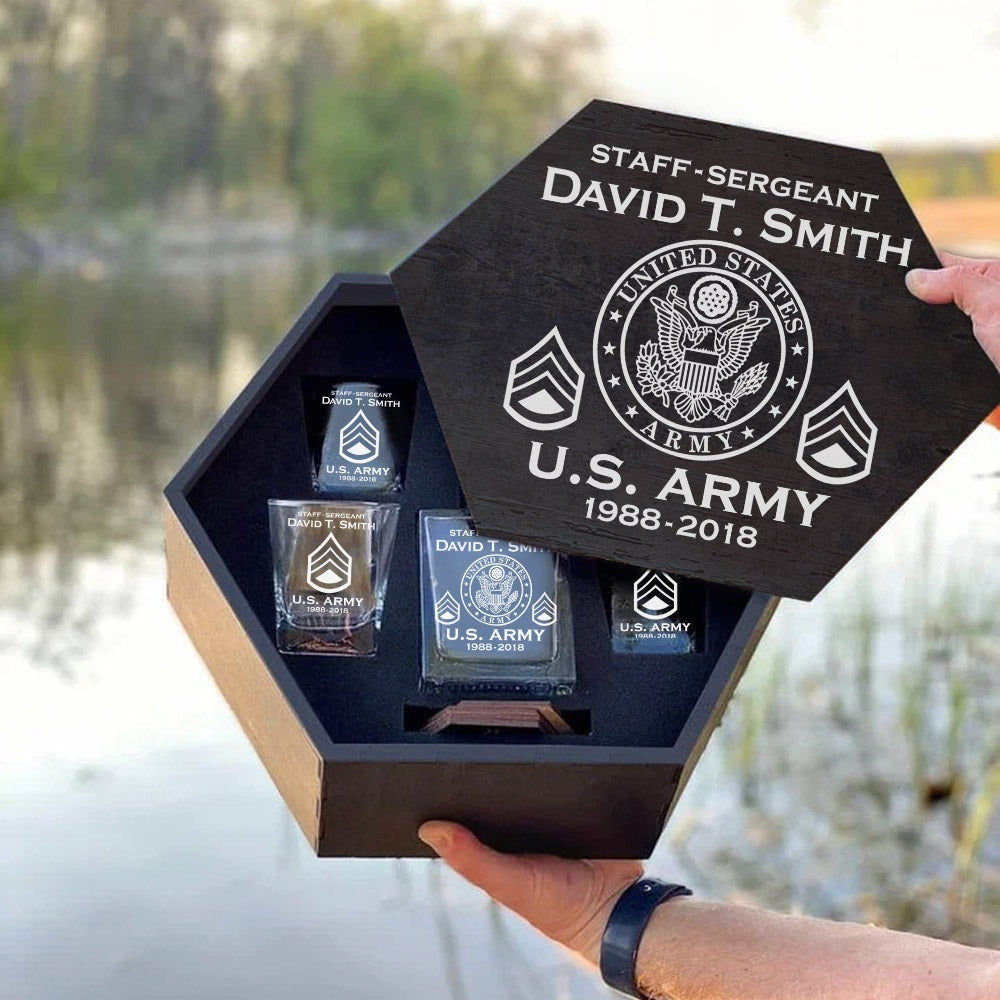 Custom Military Hexagon Whiskey Decanter Set Full, US Military Retirement Gift